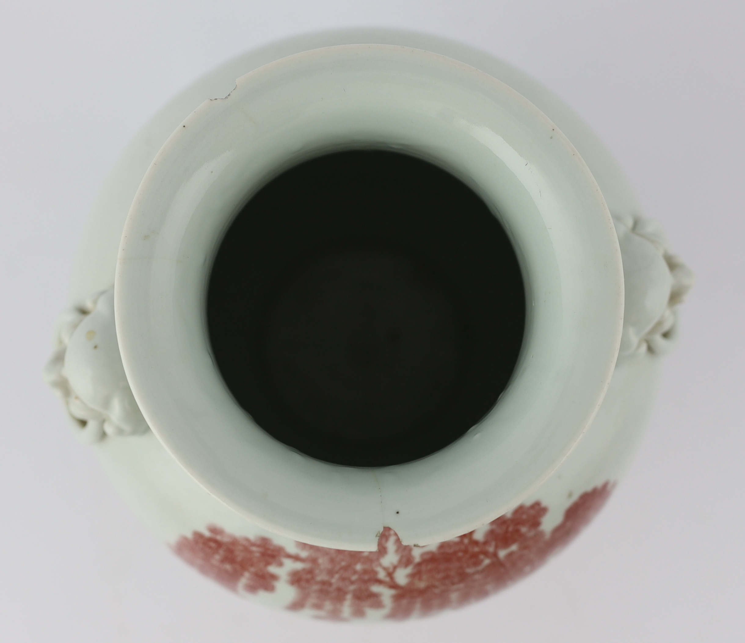 A Chinese underglaze copper red ovoid vase, Yongzheng seal mark, but 19th century, rim chips and short hairline cracks